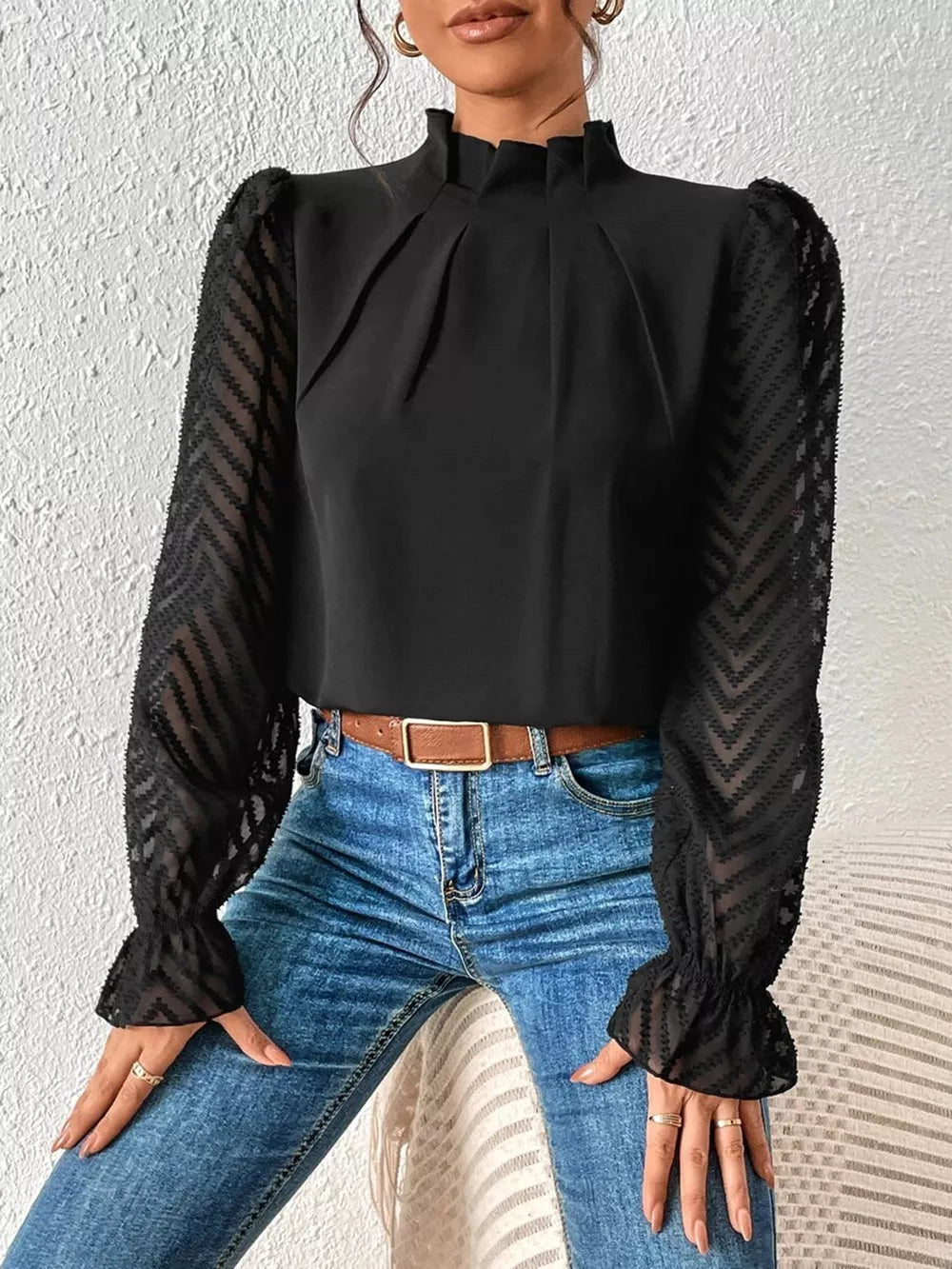 Women's Mock Neck Flounce Sleeve Blouse