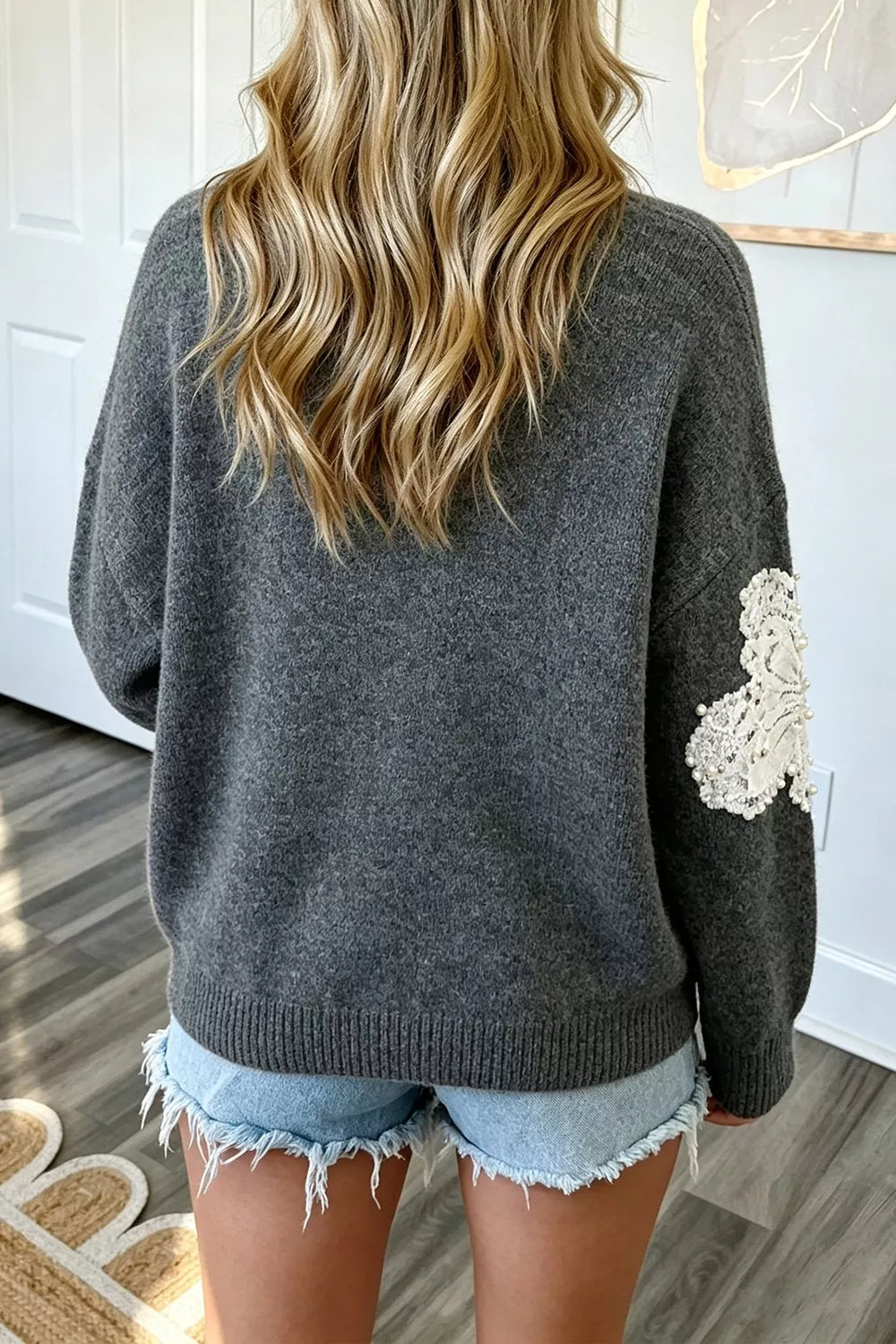 Women's Dark Gray Pearl Embellished Floral Dropped Shoulder Sweater - Dark Gray
