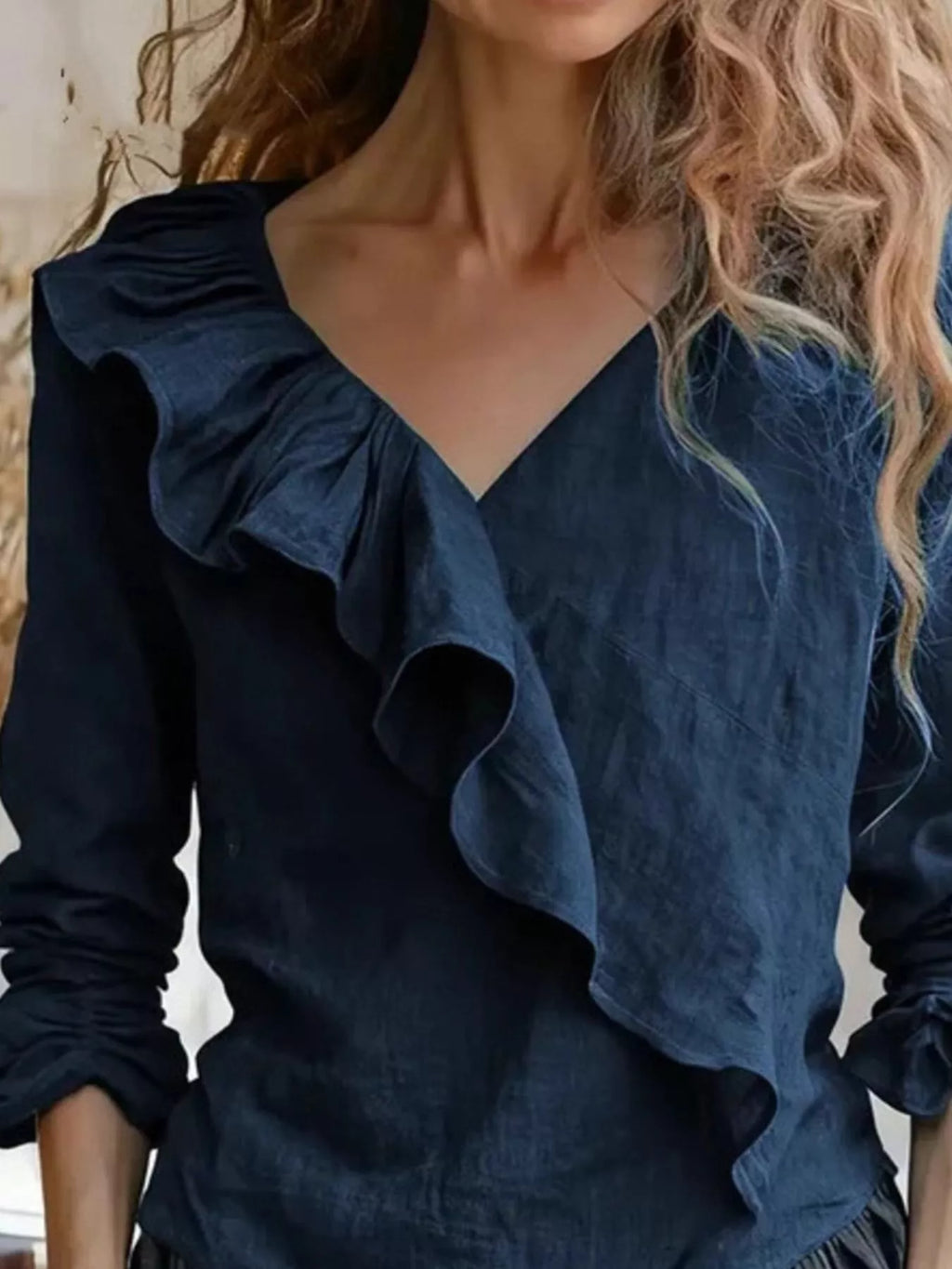 Women's V-Neck Ruffled Long Sleeve Blouse