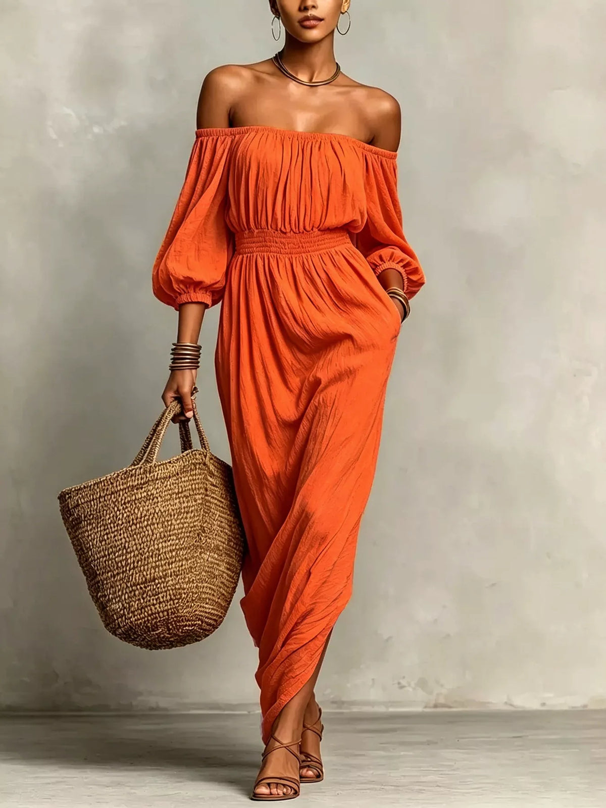 t Off-Shoulder Smocked Waist Maxi Dress