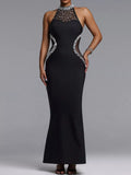 Women's Black Pearl Detail Rhinestone Sleeveless Maxi Dress - Black