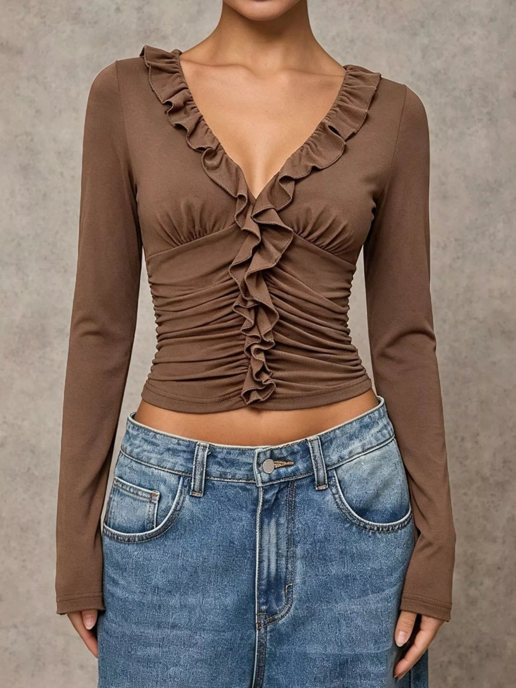Women's Coffee Brown V-Neck Ruffle Trim Ruched Long Sleeve Slim Fit Top - Coffee Brown
