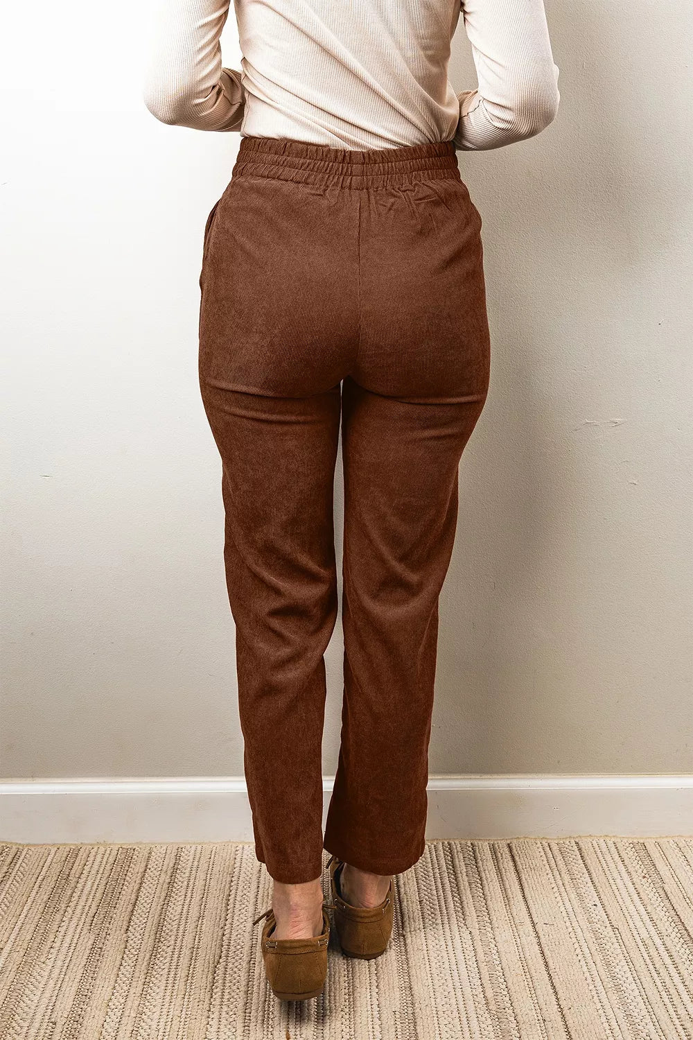 Women's Dark Brown Elastic Waist Straight Leg Ankle Length Corduroy Pants - Dark Brown
