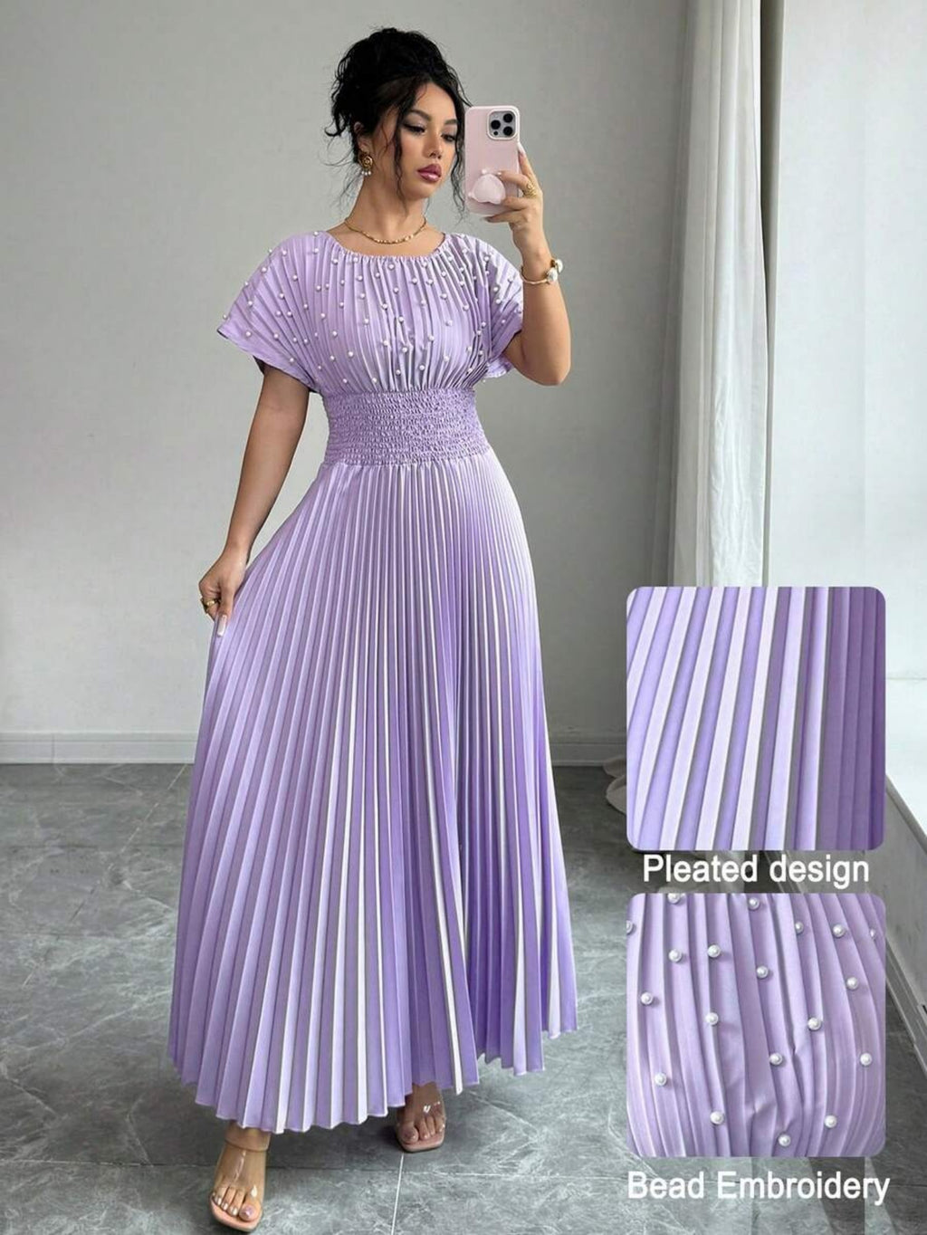 Women's Round-neck Pleated Dress With Pearl Detailing