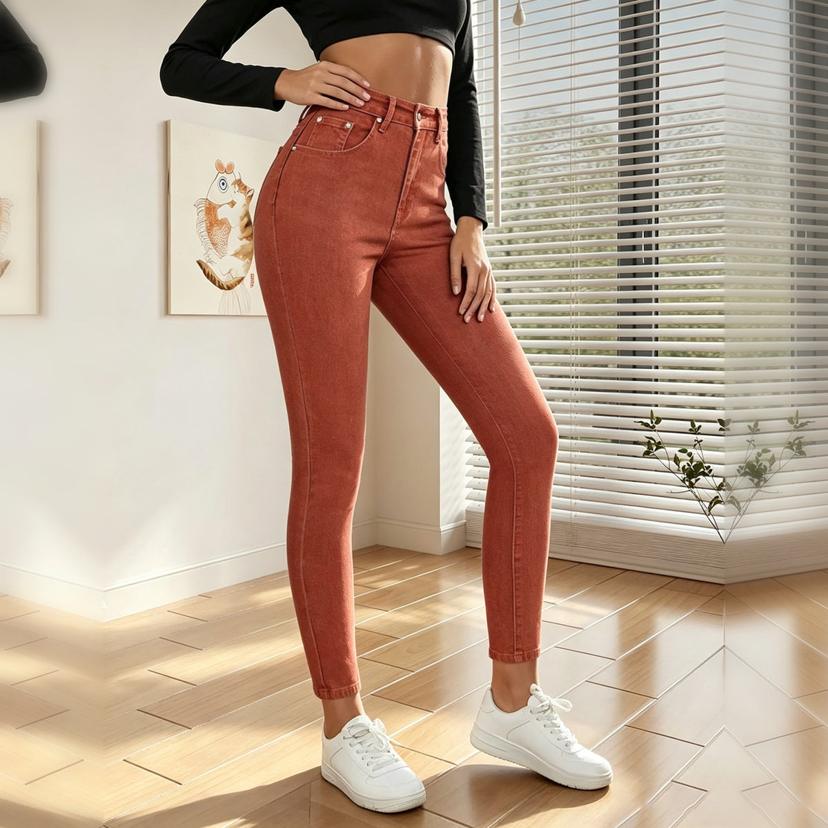 Women's Brick Red High Waist Skinny Jeans, Solid Color Stretch Slim Fit Ankle Denim Pants With Pockets