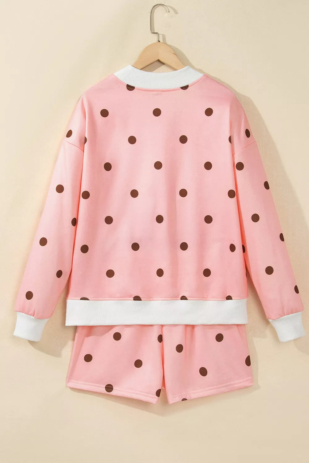 Women's Pale Blush Polka Dot Long Sleeve Sweatshirt and Shorts Lounge Set - Pale Blush