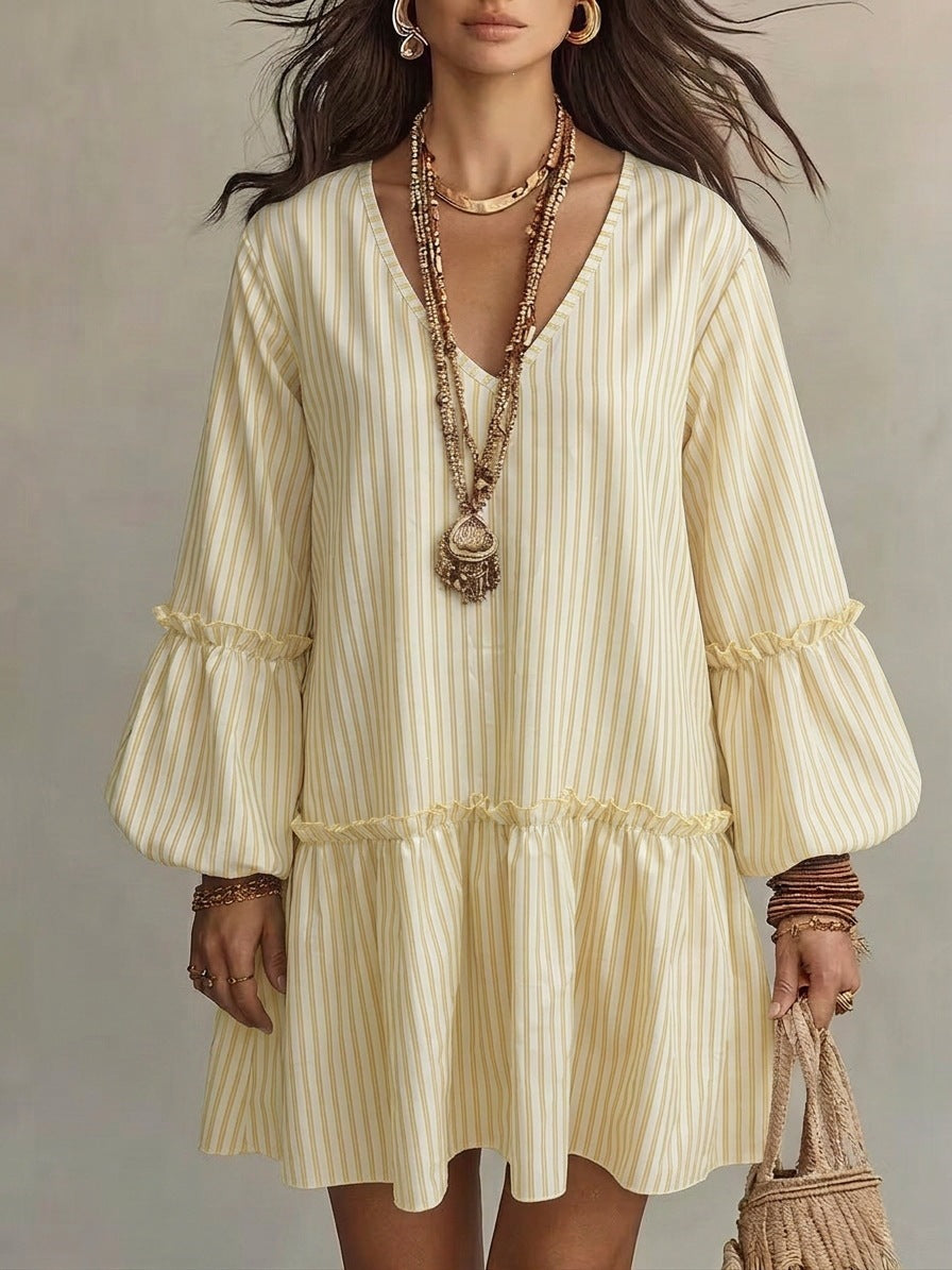 Women's Early Autumn Long Sleeve A Line Dress, Bohemian Style Striped Print V Neck - Light yellow