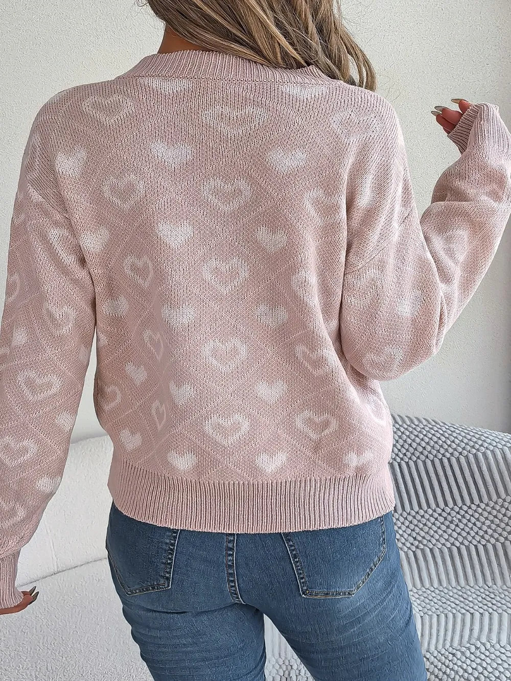 Women's Heart Pattern V-Neck Long Sleeve Sweater