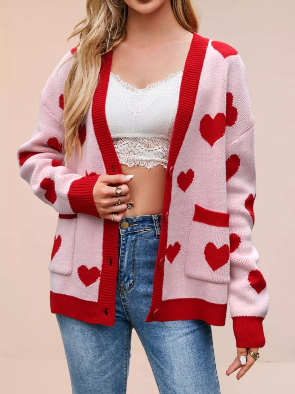 Women's Heart Pattern V-Neck Button-Down Knit Cardigan