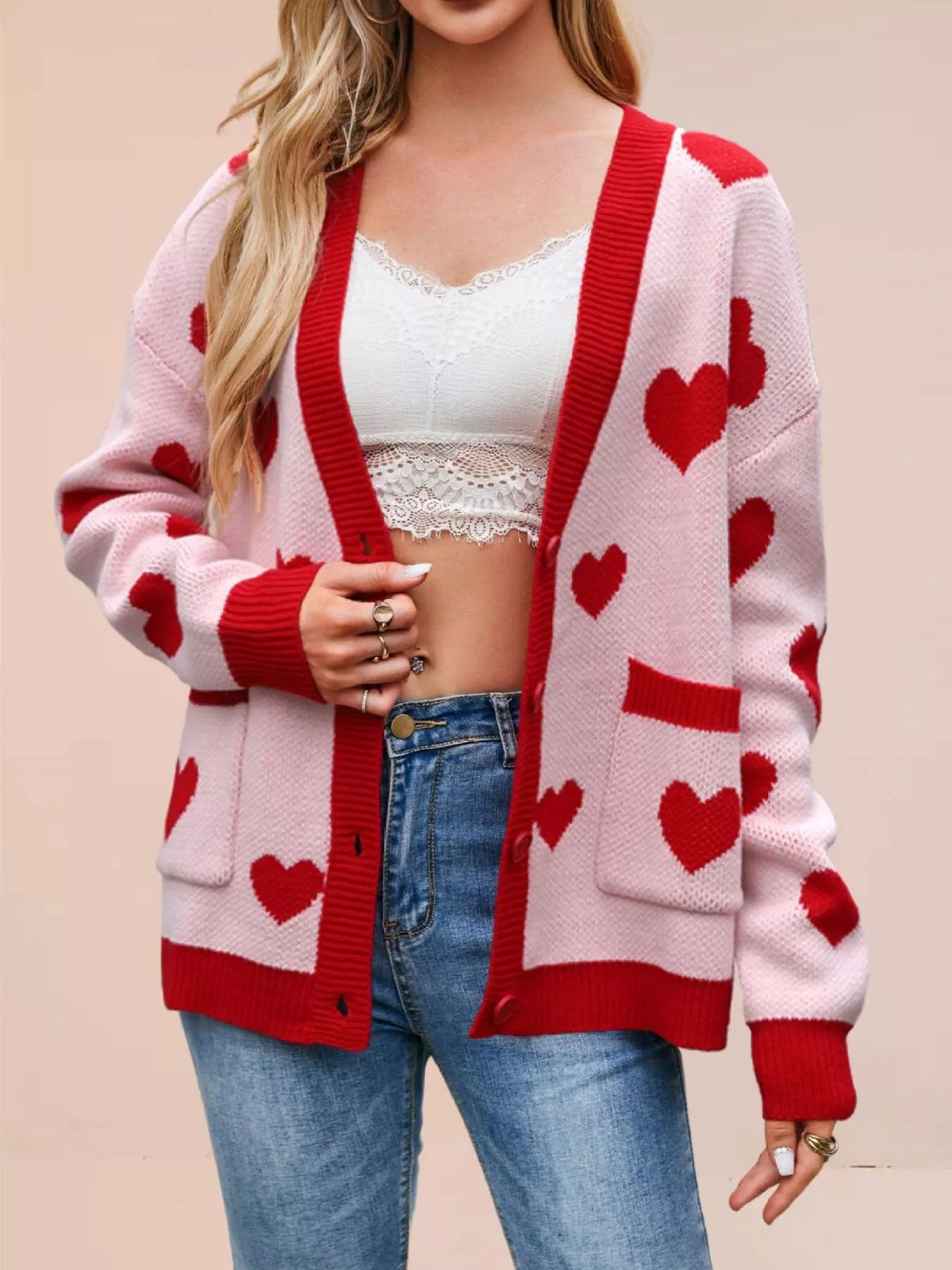 Women's Heart Pattern V-Neck Button-Down Knit Cardigan