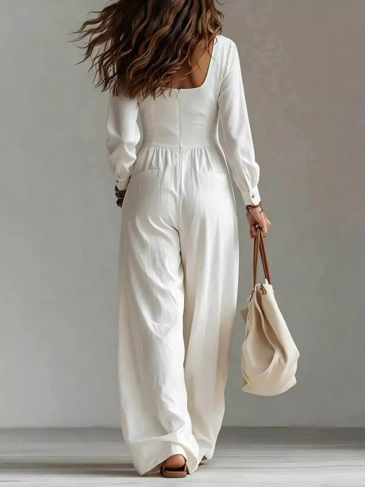 Women's V-Neck Long Sleeve Button Front Wide-Leg Jumpsuit