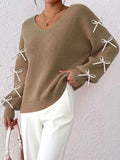 Women's Bow-Tie Sleeve V-Neck Sweater - Khaki