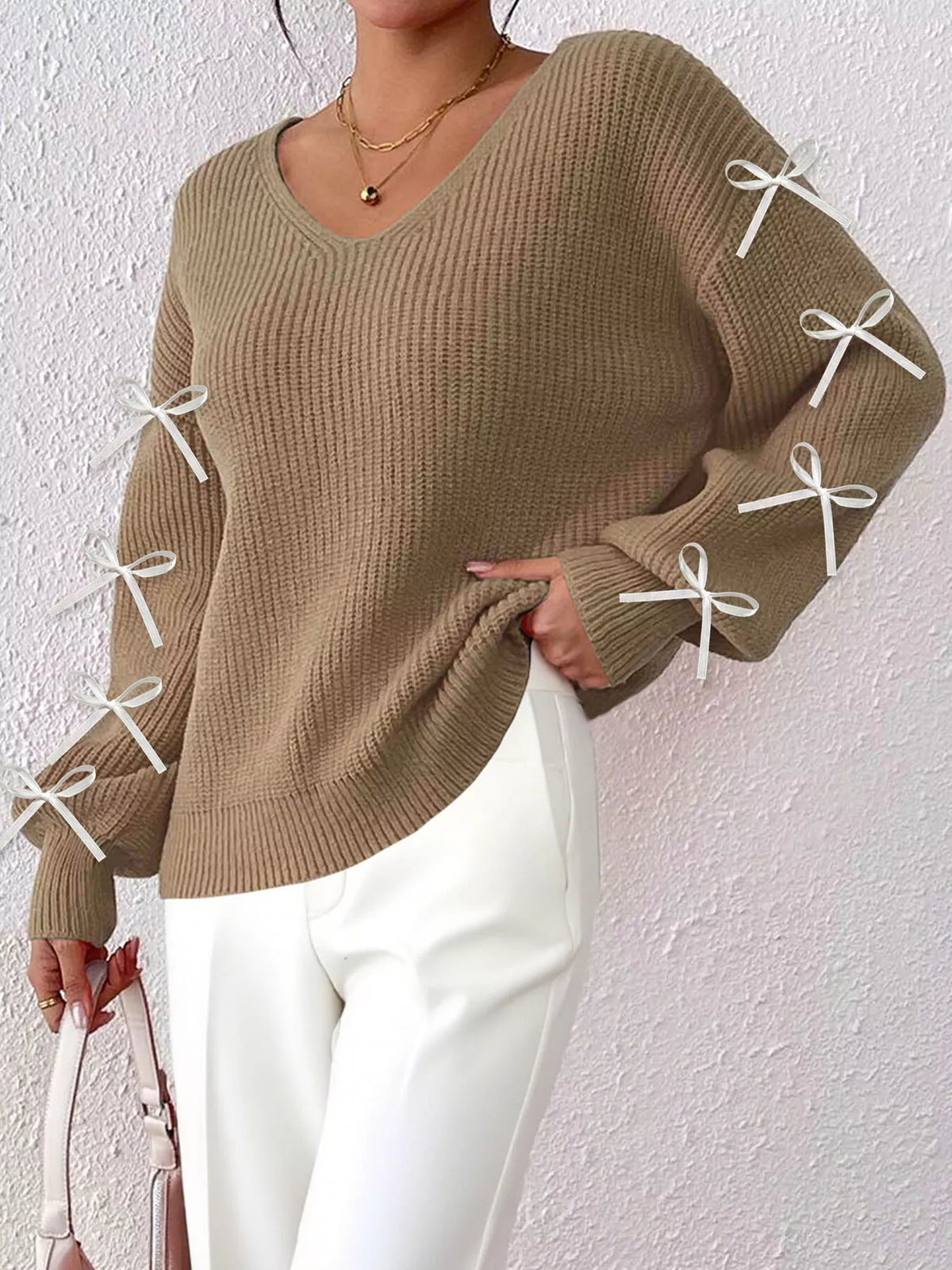 Women's Bow-Tie Sleeve V-Neck Sweater - Khaki