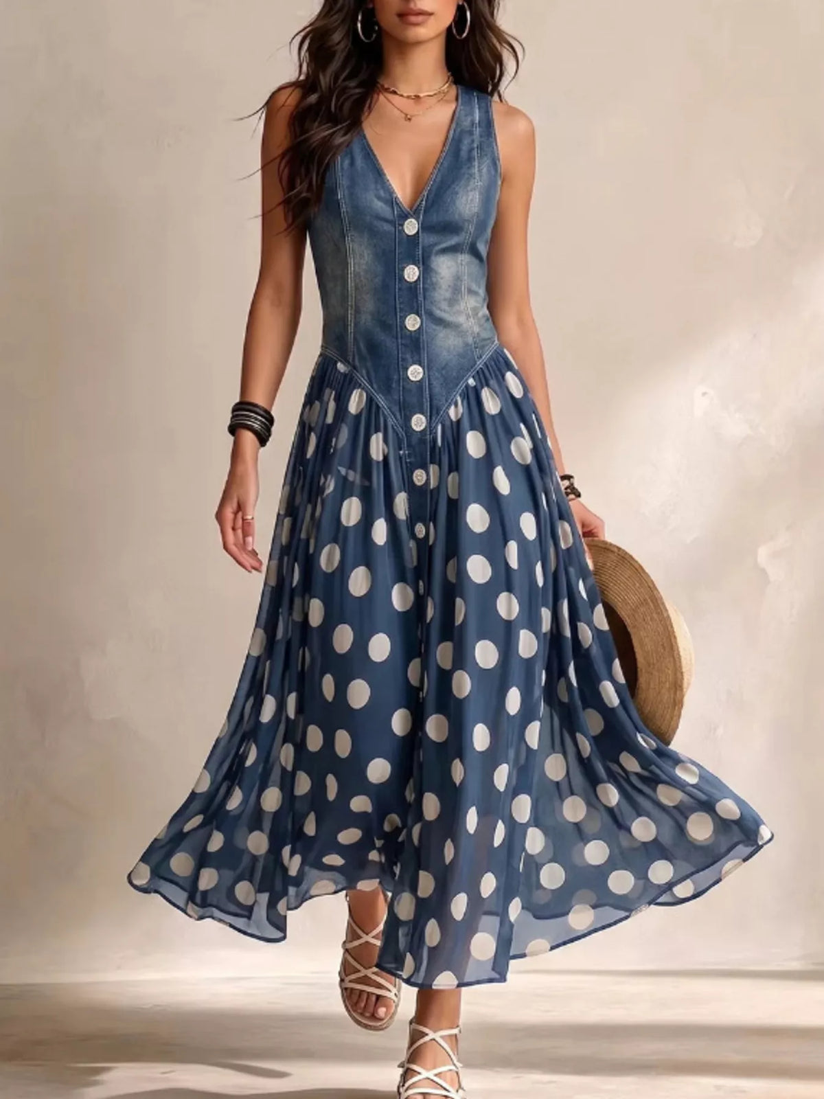 Women's Medium Polka Dot Denim Bodice Sleeveless Maxi Dress - Medium