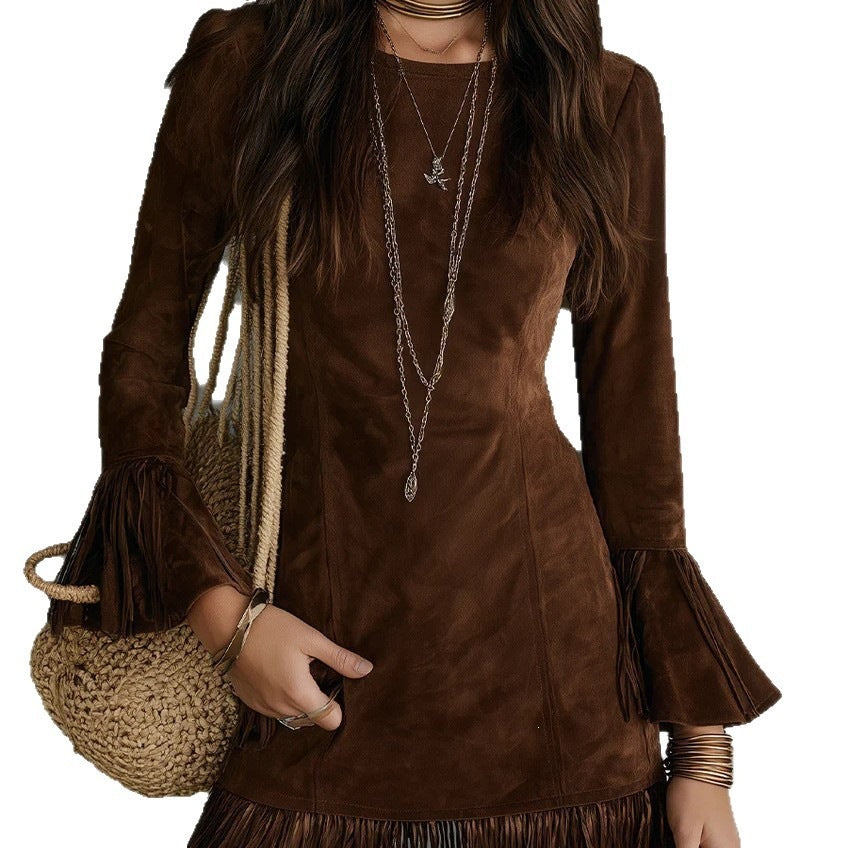 Women's Faux Suede Tassel Slim-fit Long Dress