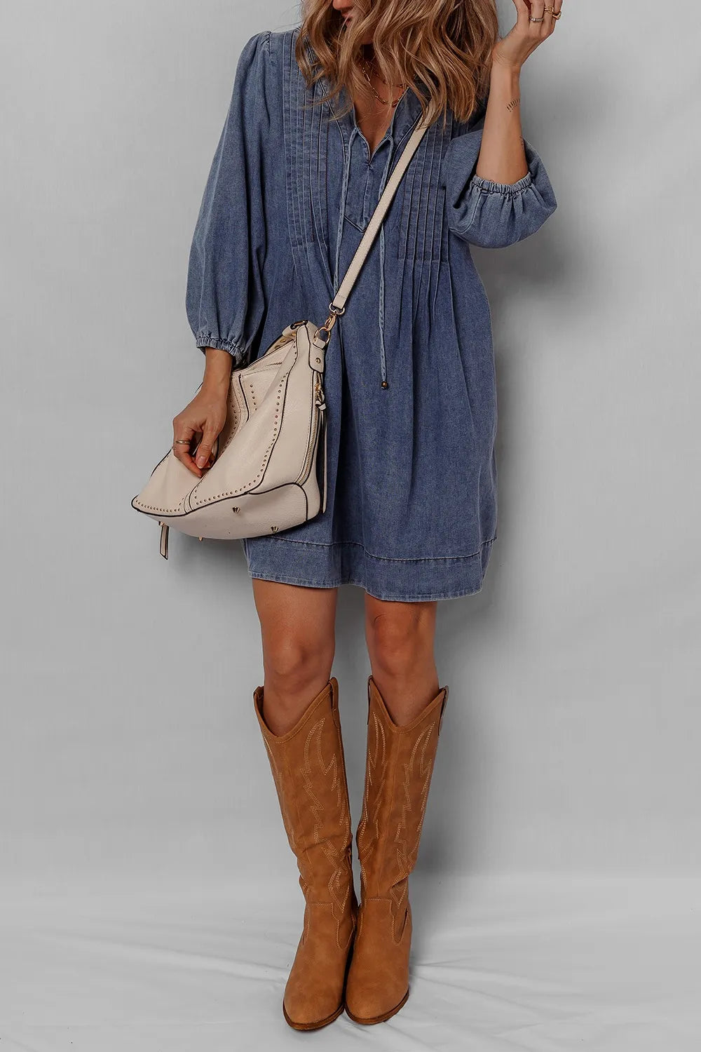 Women's Dark Tie Neck Long Sleeve Mini Denim Dress - Dark