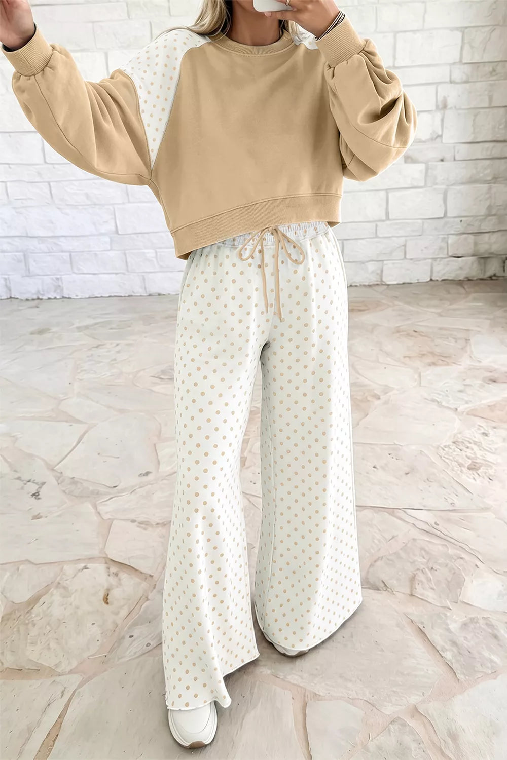 Women's Tan Polka Dot Patchwork Colorblock Long Sleeve Casual Two Piece Pants Set - Tan