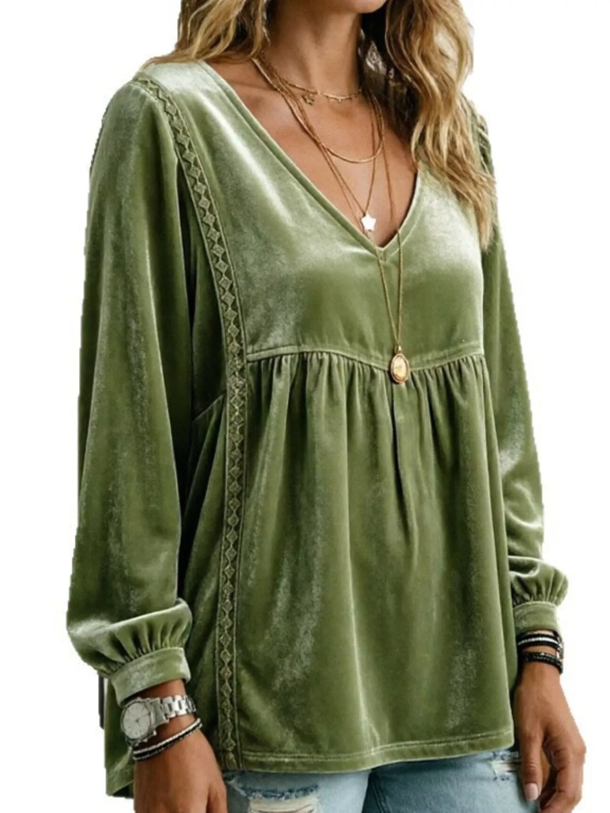 Full Size V-Neck Long Sleeve Velvet Blouse with Lace Trim Plus Size