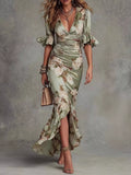 Women's Sage Floral Ruched High-Low Midi Dress - Sage