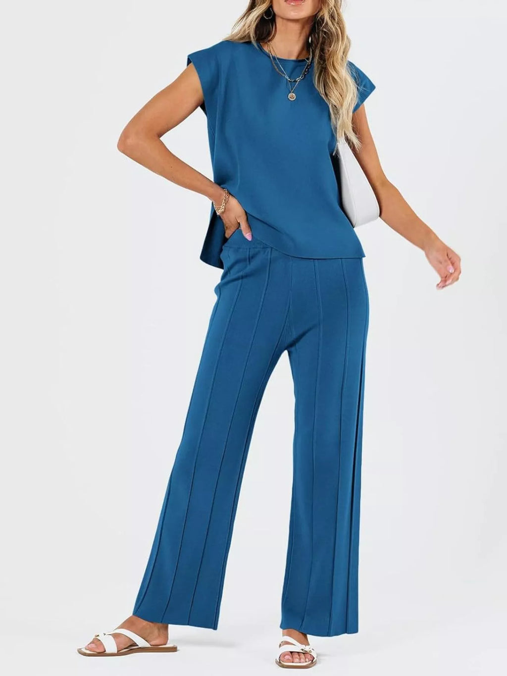 Women's Casual Solid Color Cap Sleeve Top and Pants Knit Set