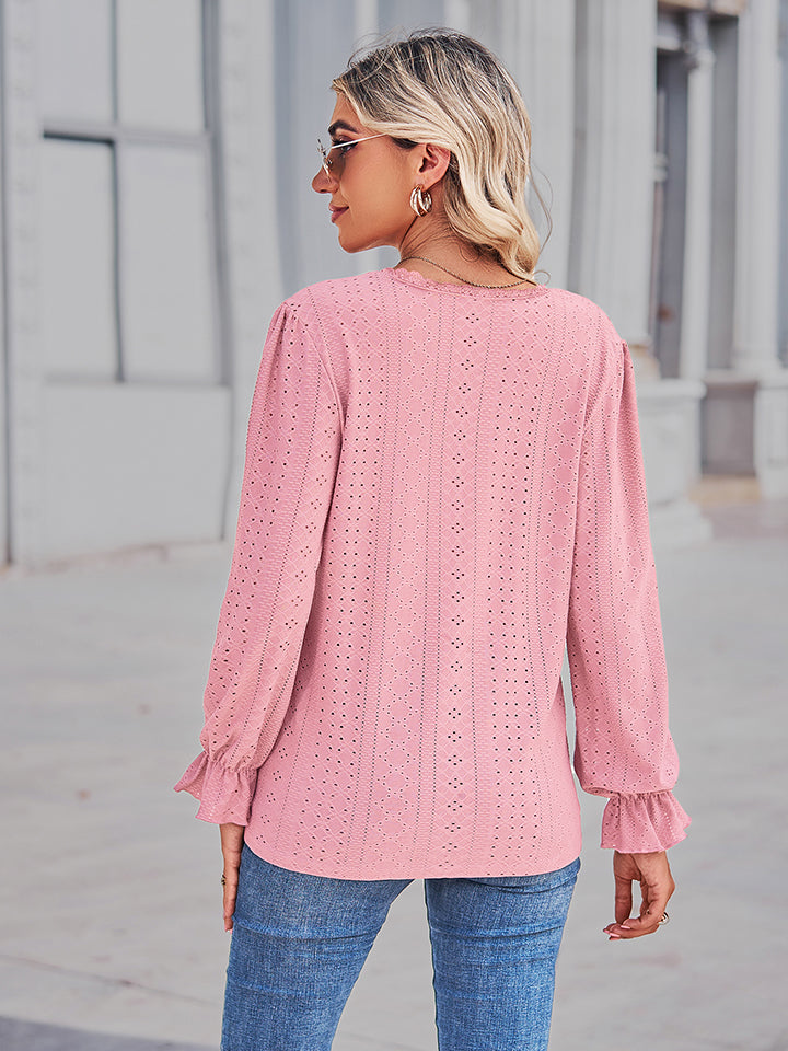 Women's Eyelet V-Neck Flounce Sleeve Blouse