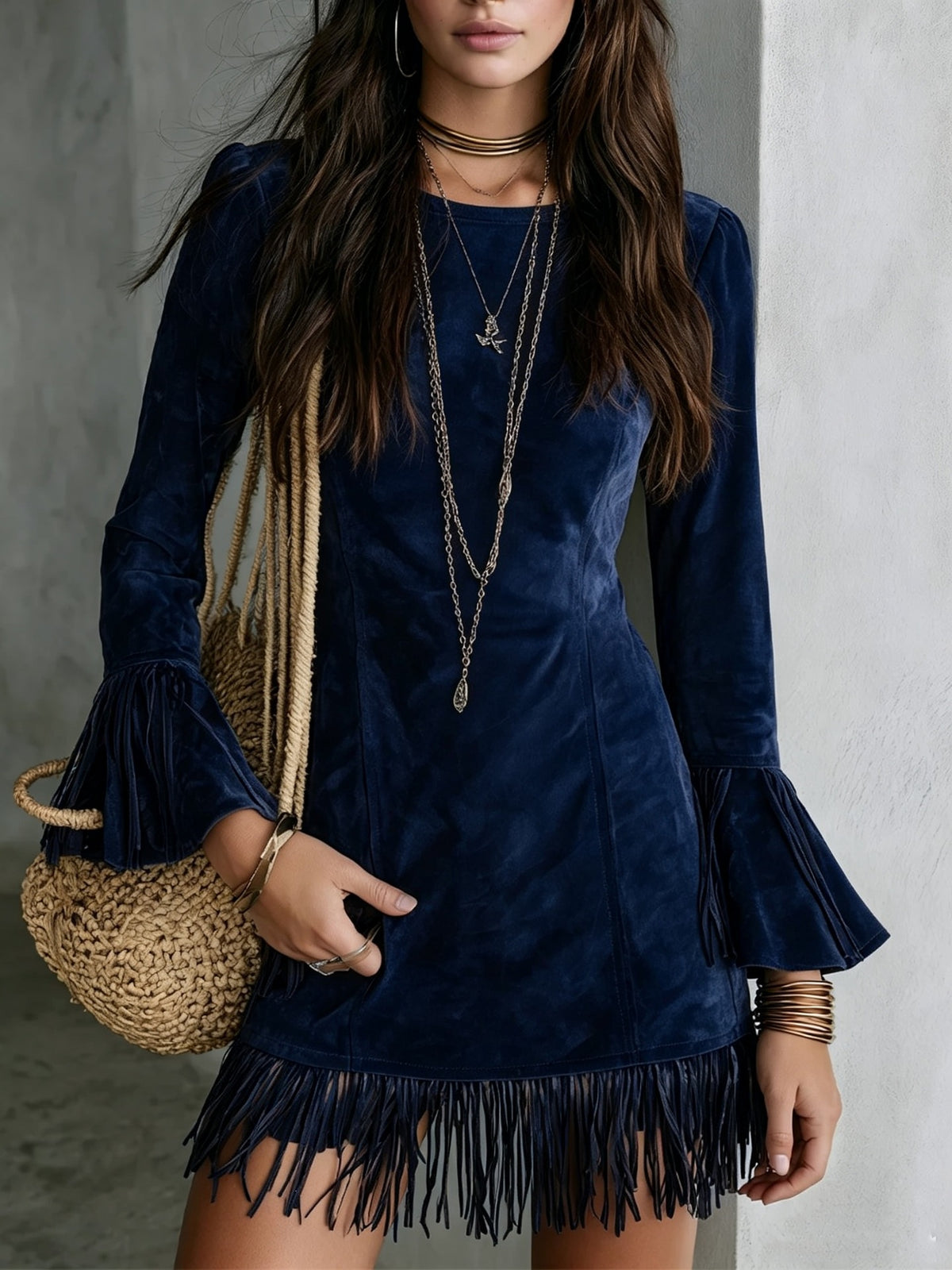 Women's Faux Suede Tassel Slim-fit Long Dress