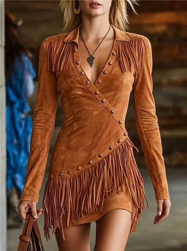 Women's Western Cowgirl Faux Suede Mini Dress, Lapel V Neck Long Sleeve Rivet Fringe Wrap Slim Party Dress