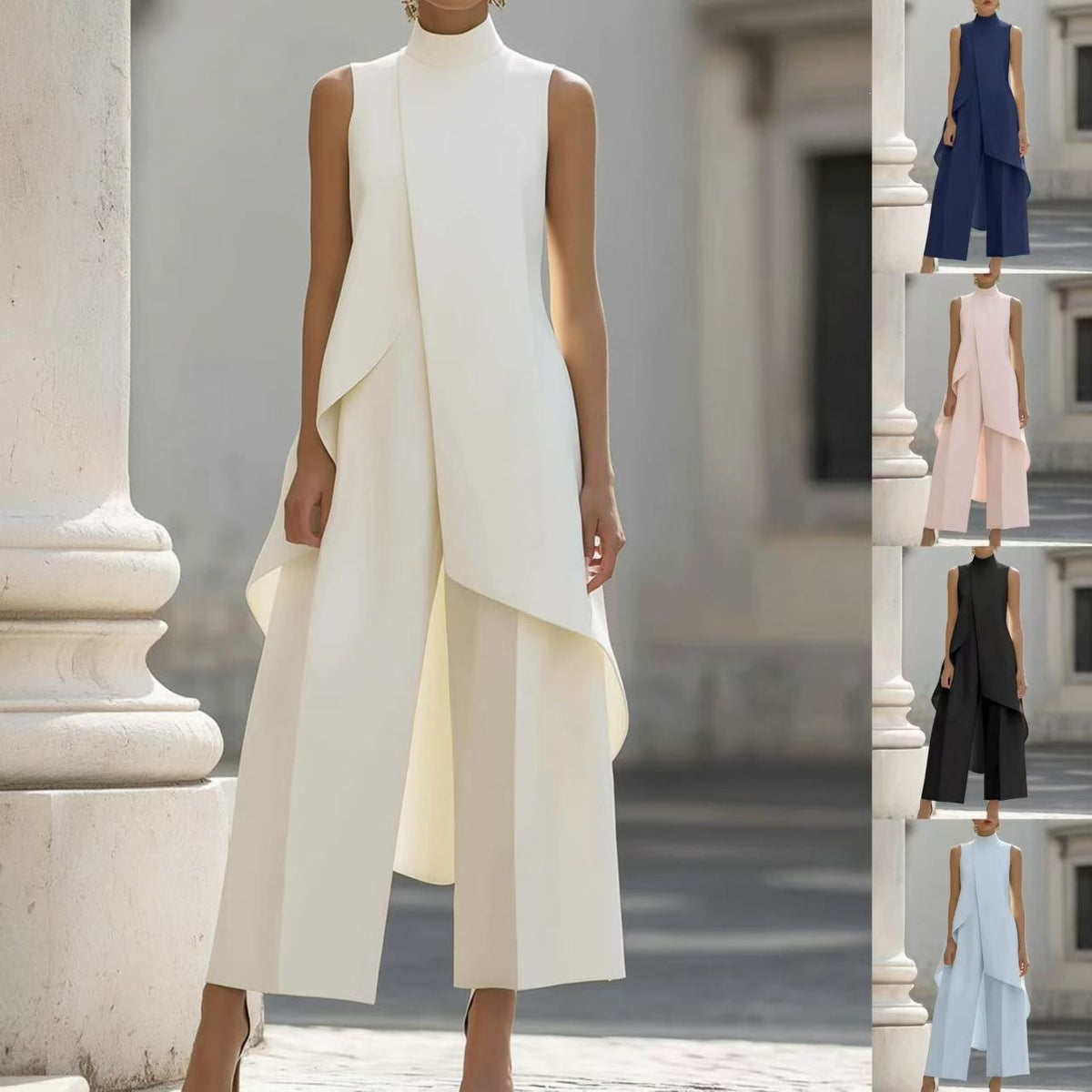 Fashion New Style, Slim-Fit Irregular Design, High-Neck Sleeveless Layered Wide-Leg Pants Two-Piece Set