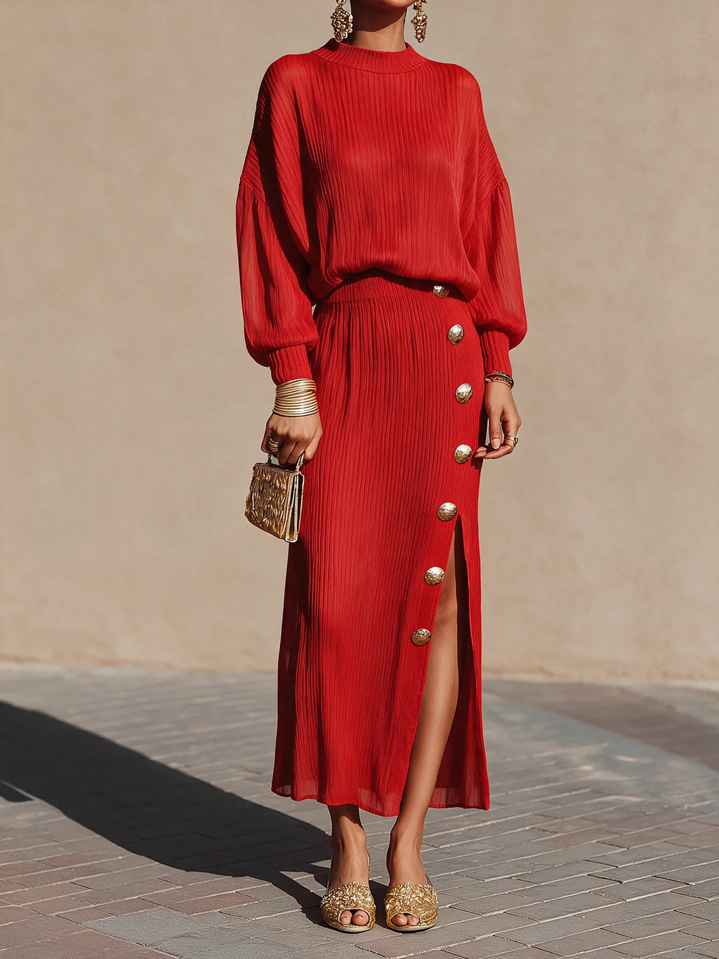 Top And Slit Skirt Two-piece Set