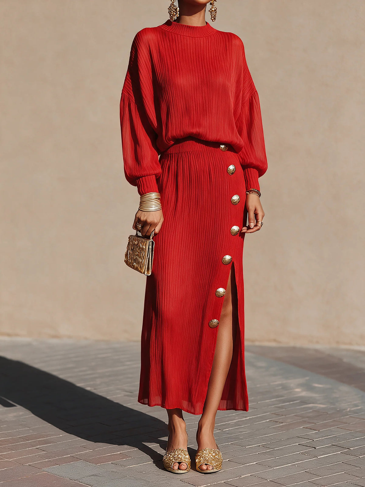 Top And Slit Skirt Two-piece Set