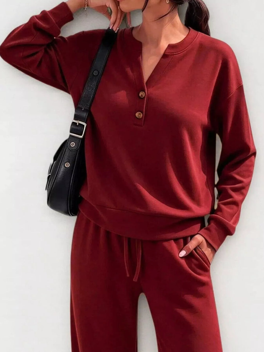 Women's Button Detail Dropped Shoulder Top and Pants Set