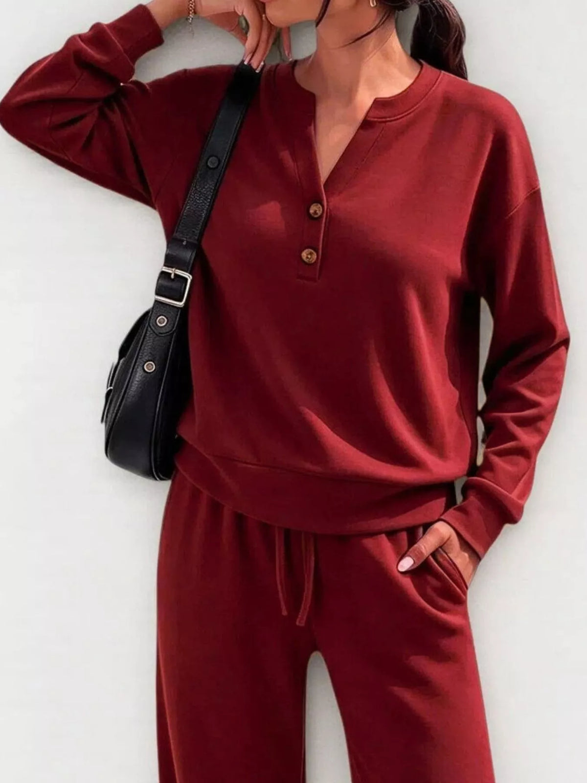 Women's Button Detail Dropped Shoulder Top and Pants Set