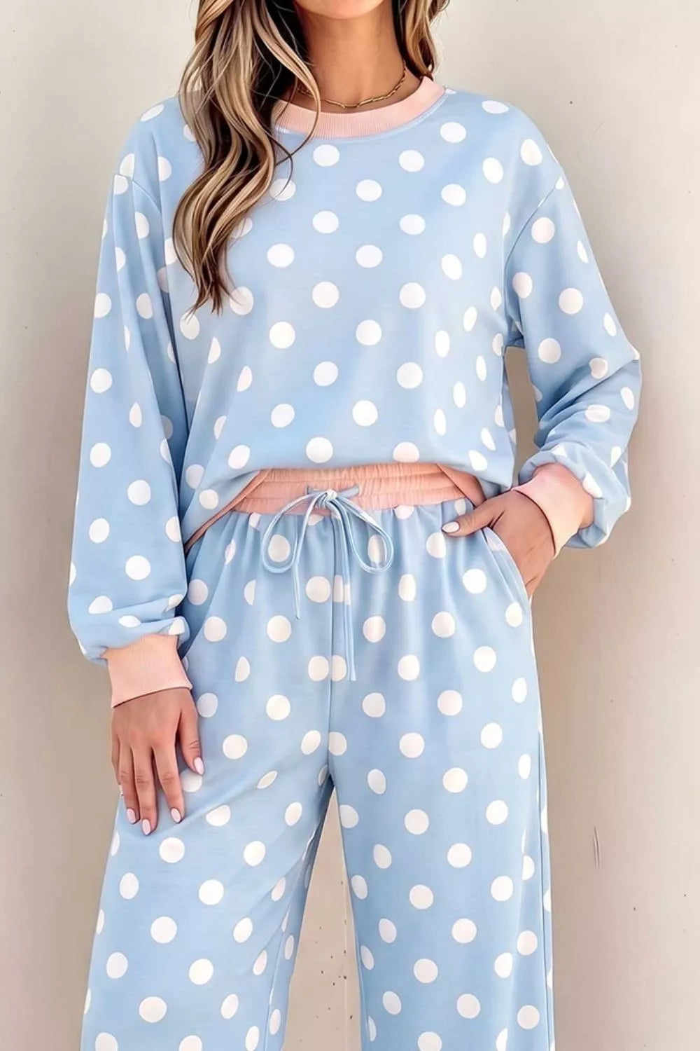 Women's Light Blue Polka Dot Contrast Trim Long Sleeve Top Drawstring Shift Pants Set - Light Blue