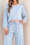 Women's Light Blue Polka Dot Contrast Trim Long Sleeve Top Drawstring Shift Pants Set - Light Blue