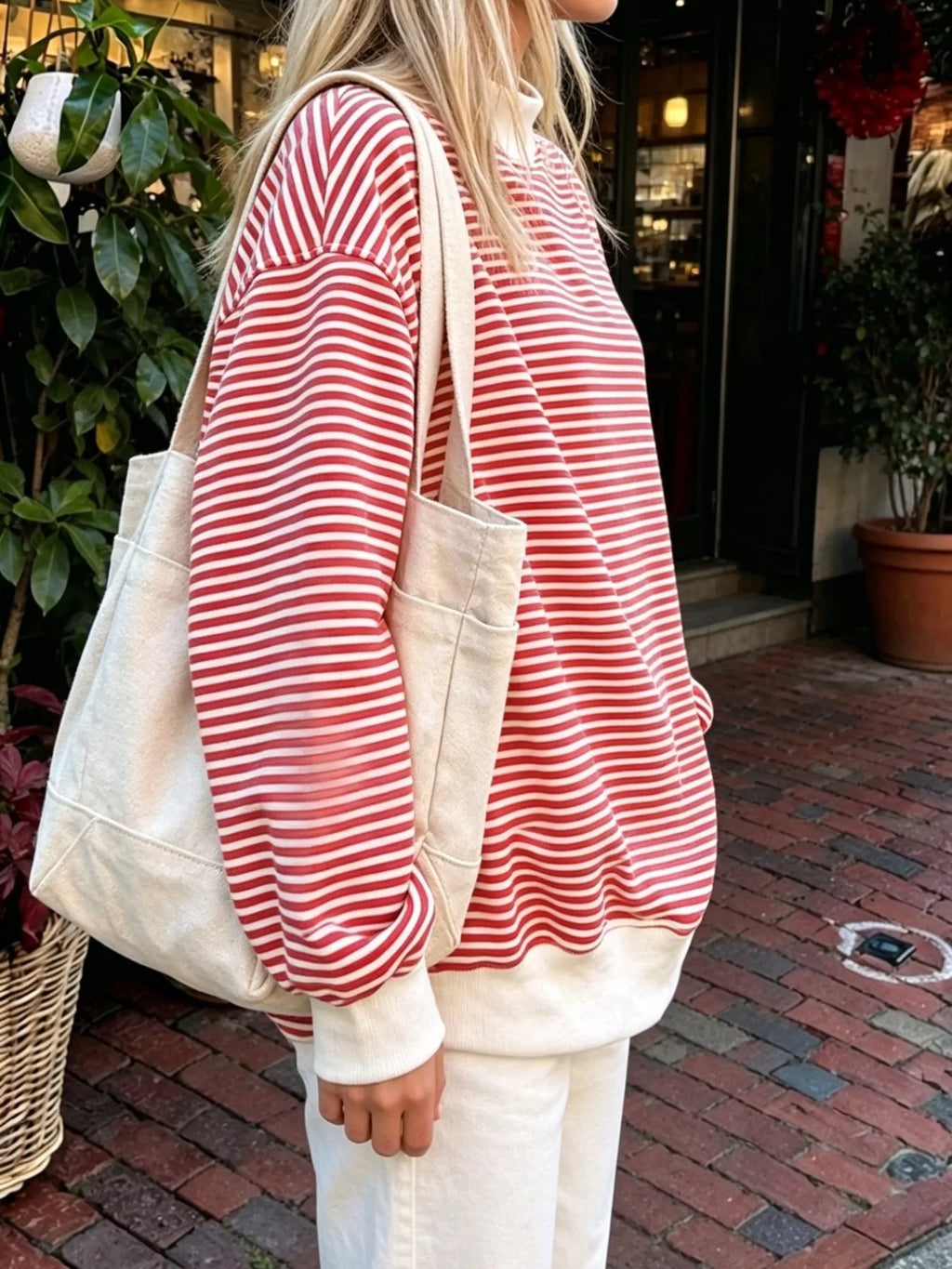 Women's Oversized Striped Crew Neck Sweatshirt