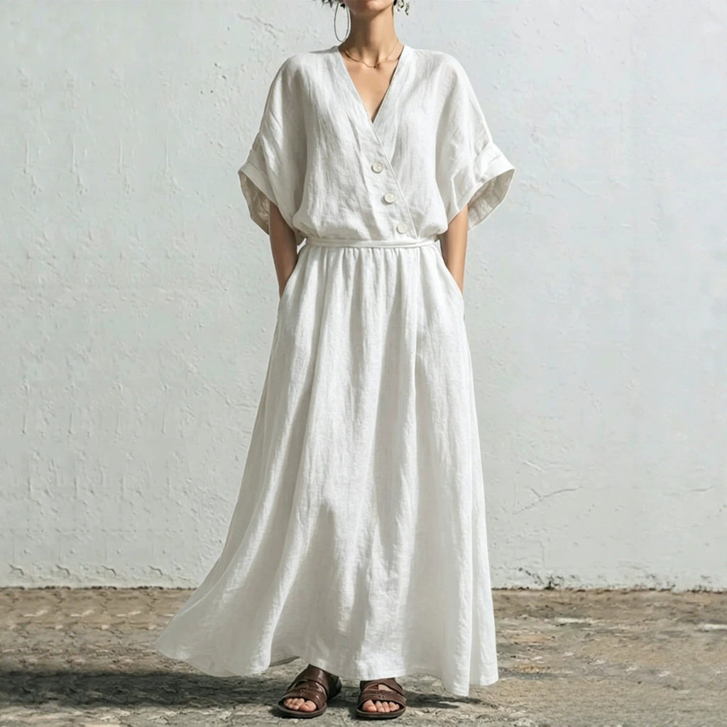 Women's Solid-Color Casual Loose V-Neck High-Waisted Dress