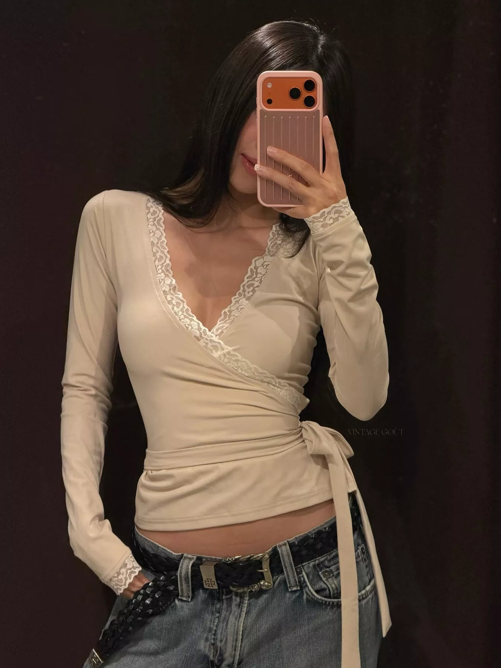 Women's Lace-Trimmed Long Sleeves Wrap Blouse