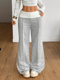 Women's Gray/white Ribbed Waistband Wide-Leg Pants - Gray/white