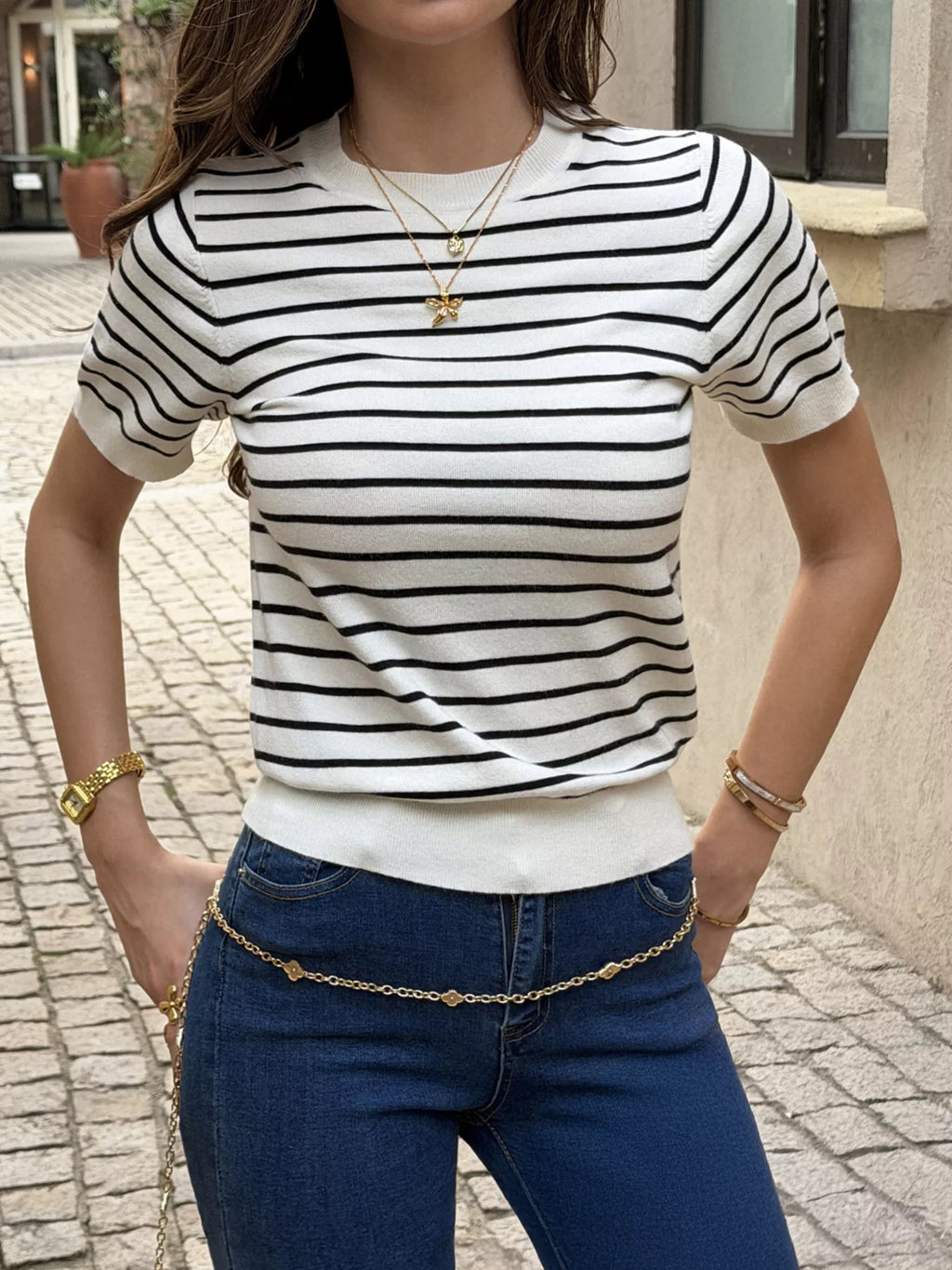 Women's Black Striped Short-Sleeve Knit Top - Black