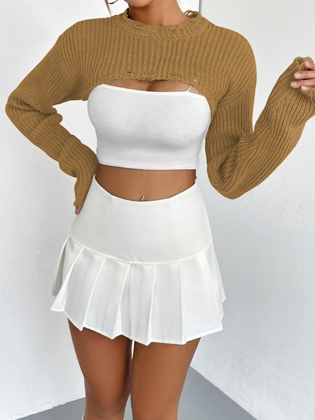 Women's Distressed Long Sleeve Cropped Sweater