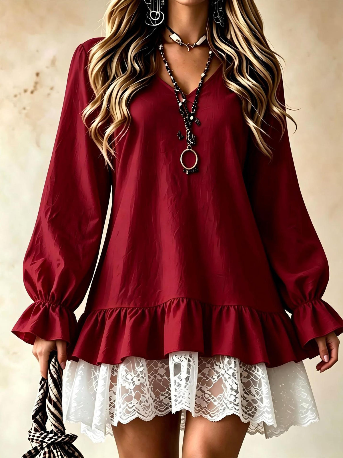 Versatile Lace Spliced Dress, Fashion Long Sleeve Ruffled Mini Dress