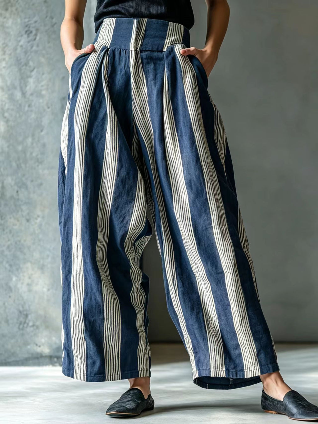 Women's Autumn New European And American Cross-Border Women's Loose Casual Vacation Style Linen Striped Wide-Leg Pants With A High-End Feel