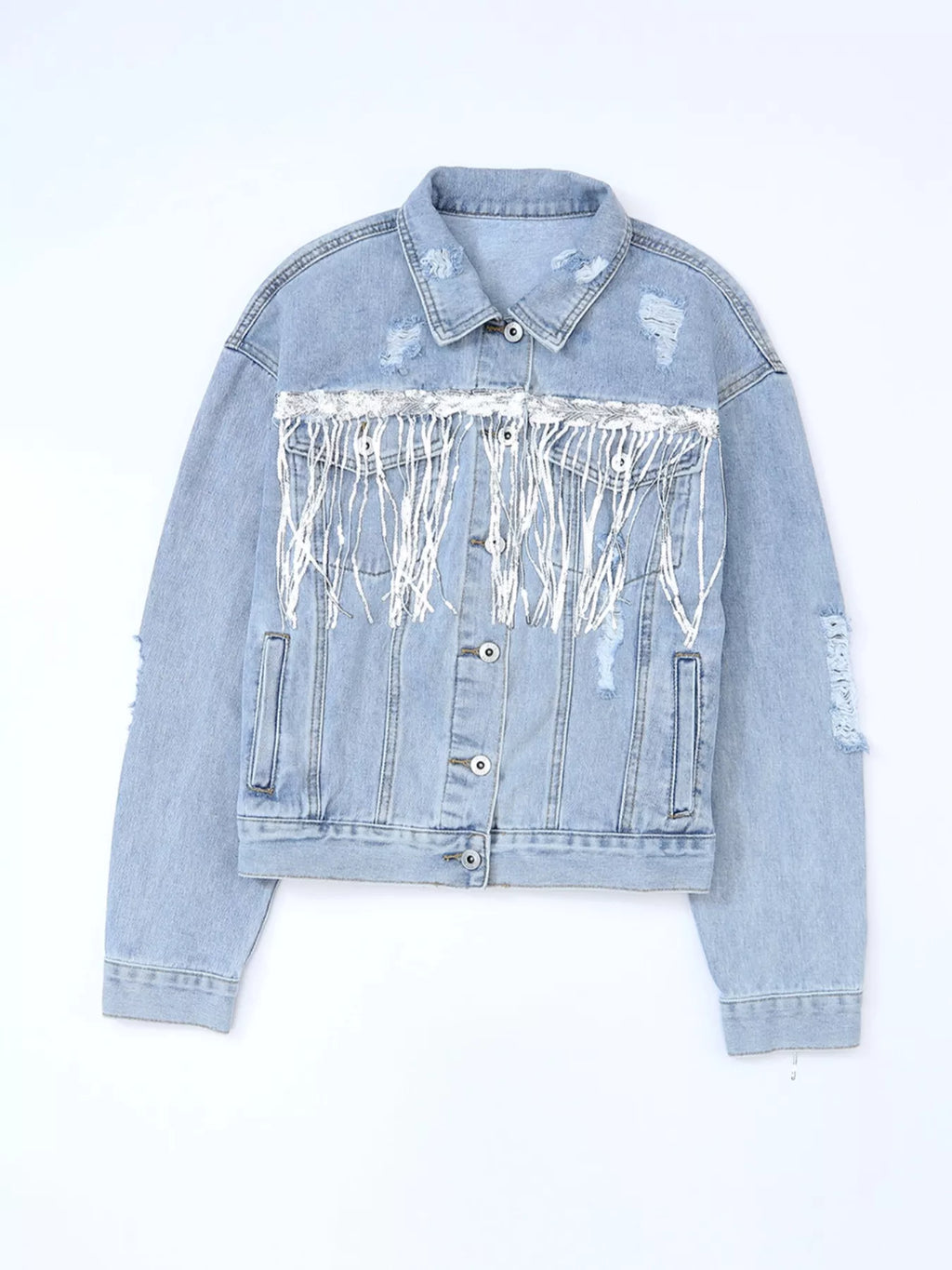Women's Light Blue Fringed Sequin Embellished Denim Jacket - Light Blue