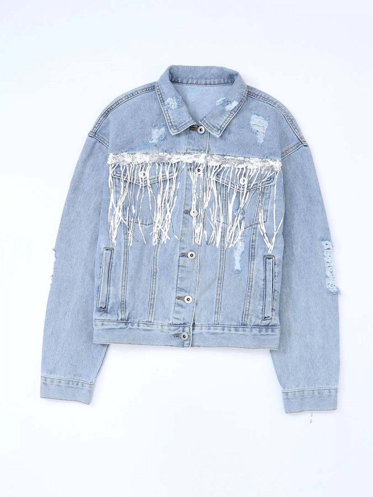 Women's Light Blue Fringed Sequin Embellished Denim Jacket - Light Blue