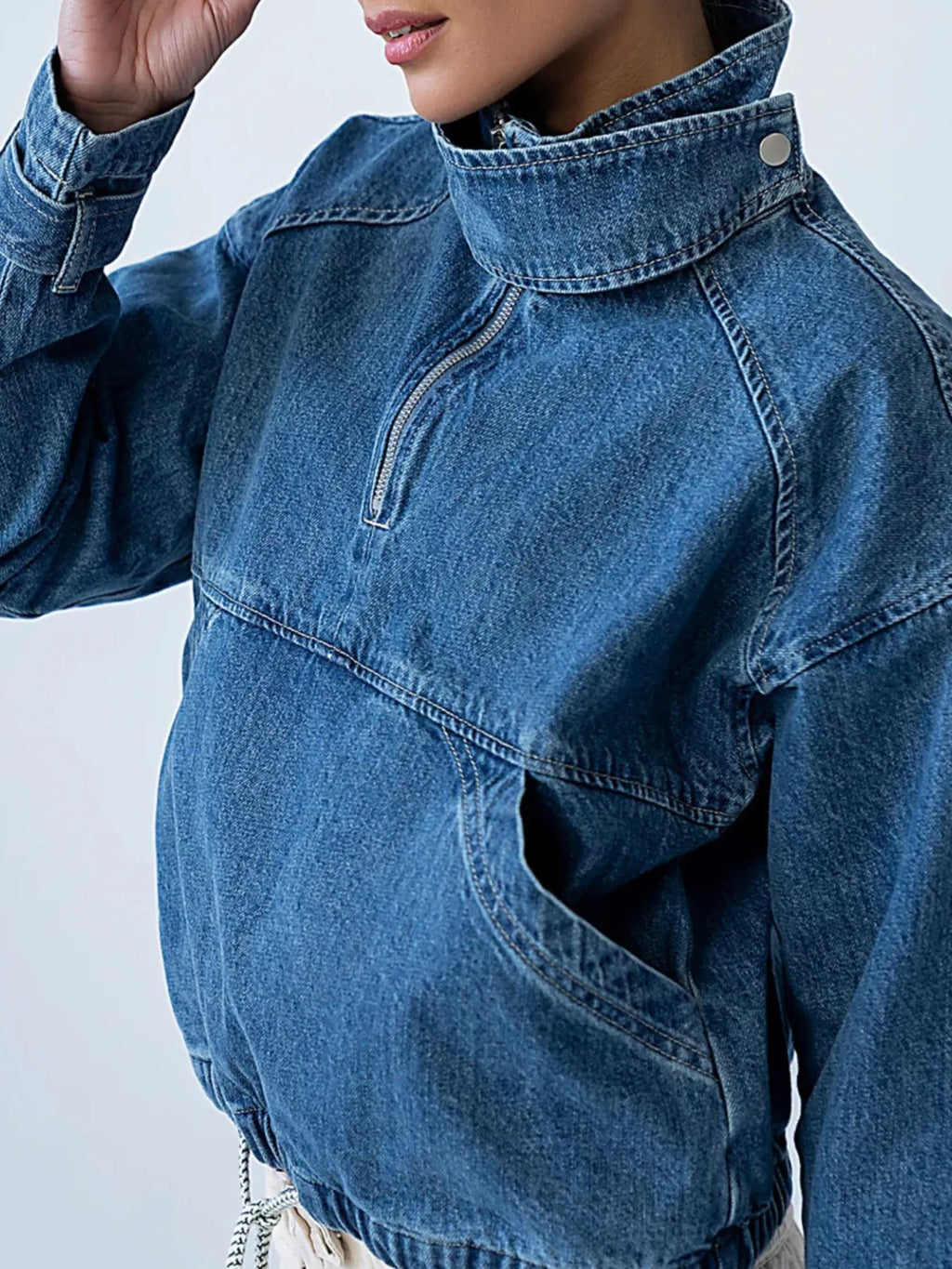 Women's Blue Half-Zip Turtleneck Denim Top - Blue