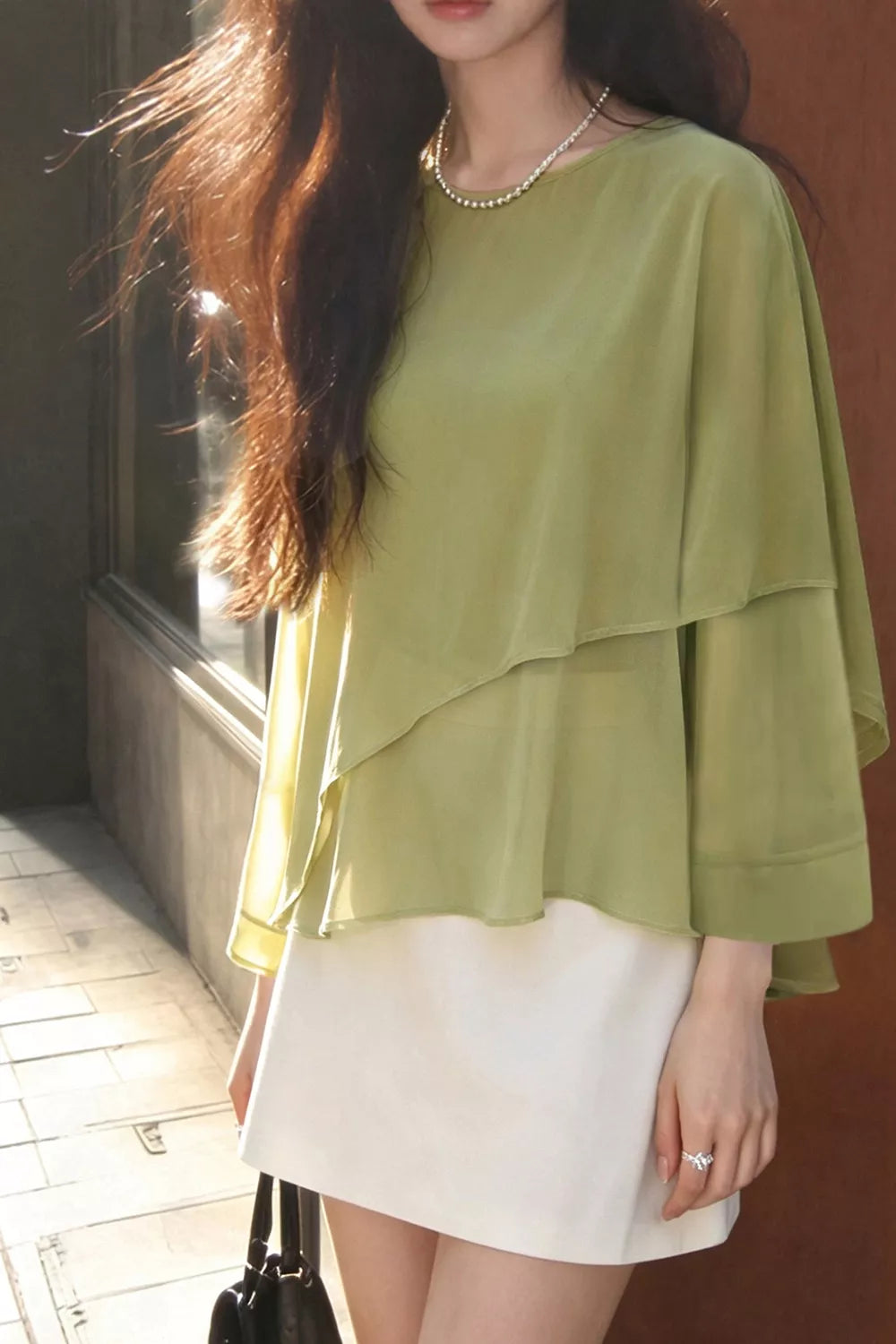 Women's Matcha Green Layered Flutter Sleeve Chiffon Blouse - Matcha Green