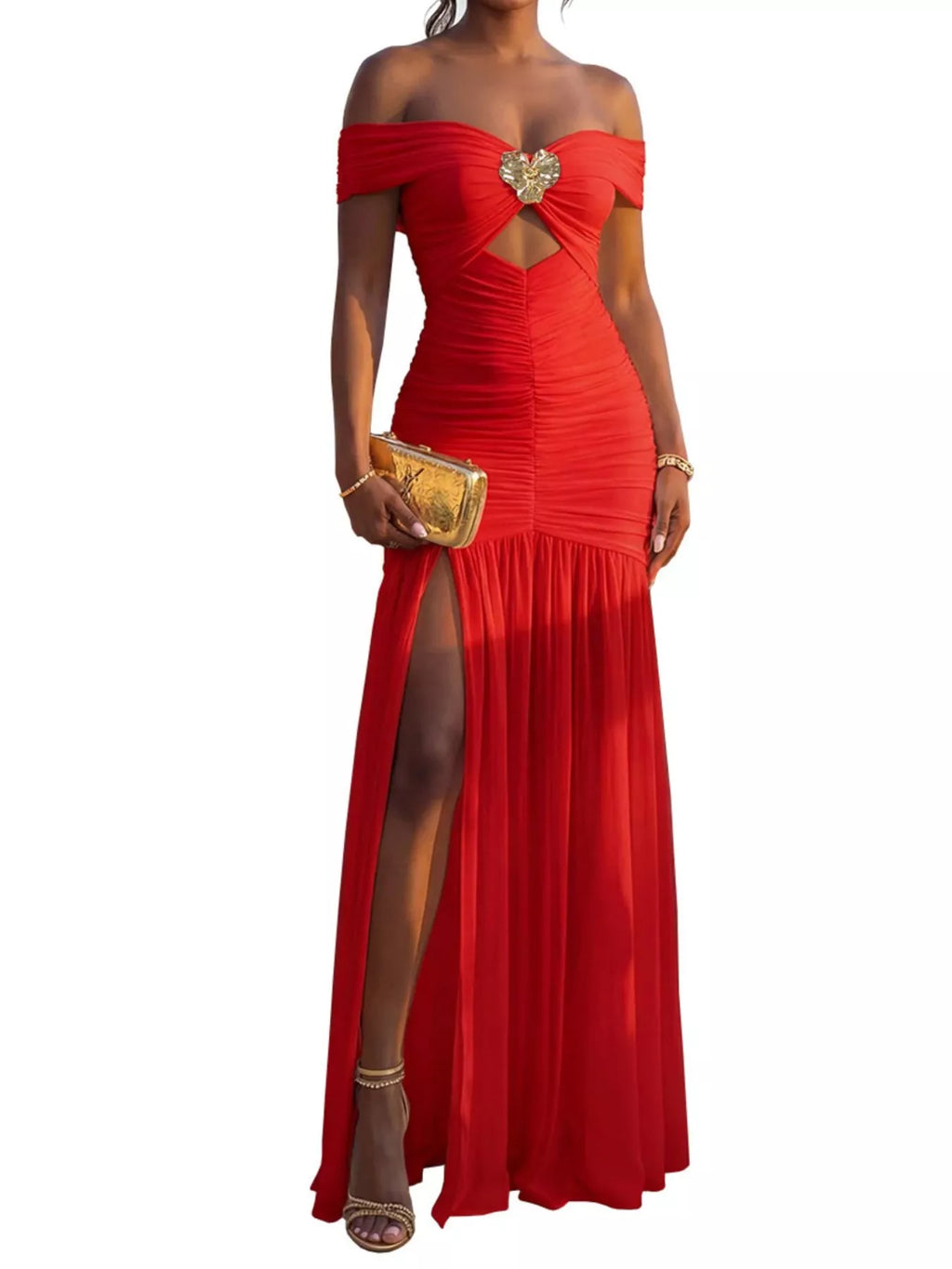 Women's Off-Shoulder Ruched Mermaid Maxi Dress