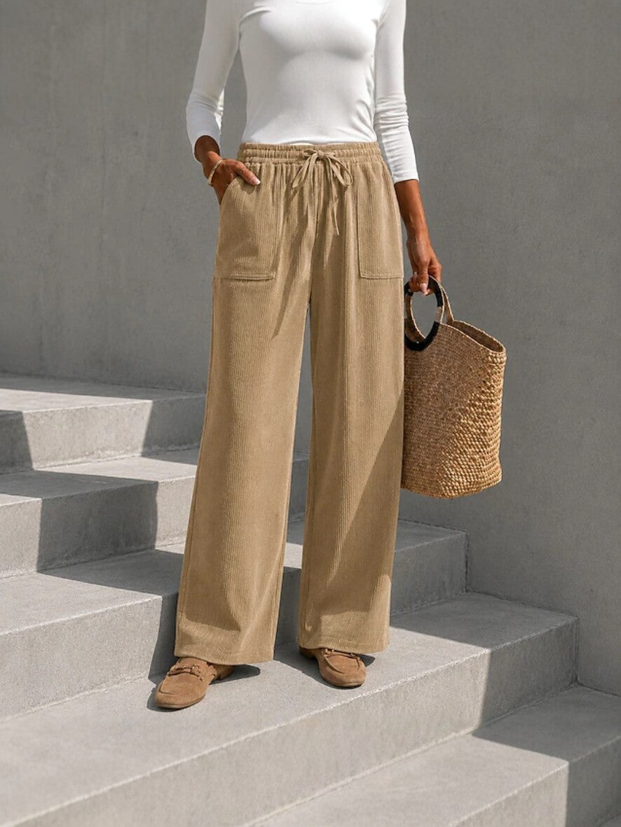 Autumn Winter Women's Corduroy Wide Leg Pants With Elastic Waist And Drawstring, Loose Casual Long Pants