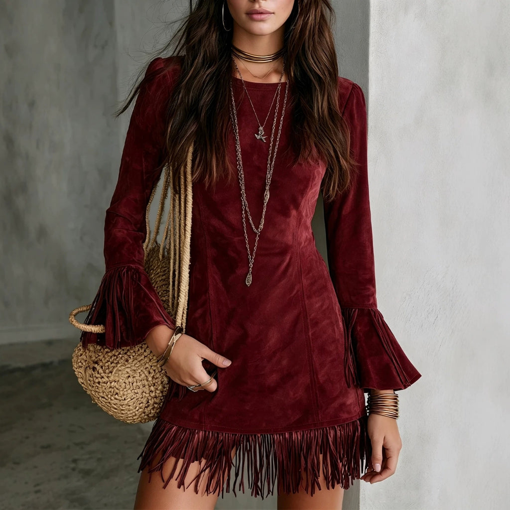 Women's Faux Suede Tassel Slim-fit Long Dress