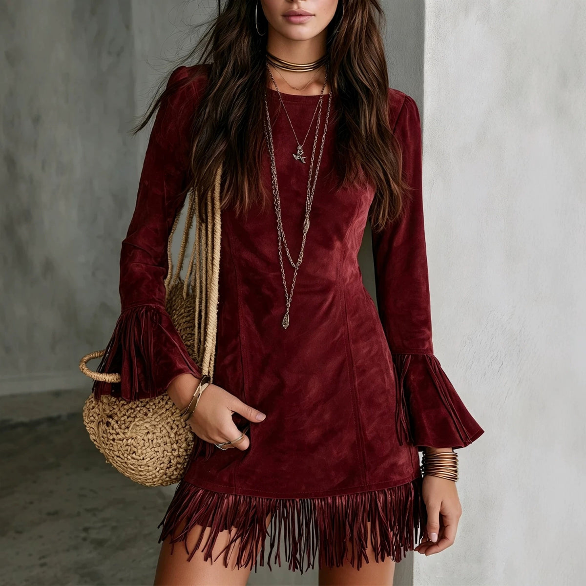 Women's Faux Suede Tassel Slim-fit Long Dress